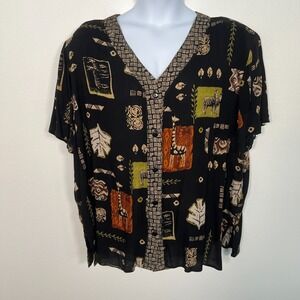 Vintage California Krush Womens Button Up Blouse Sz 1X Safari Animal Novelty